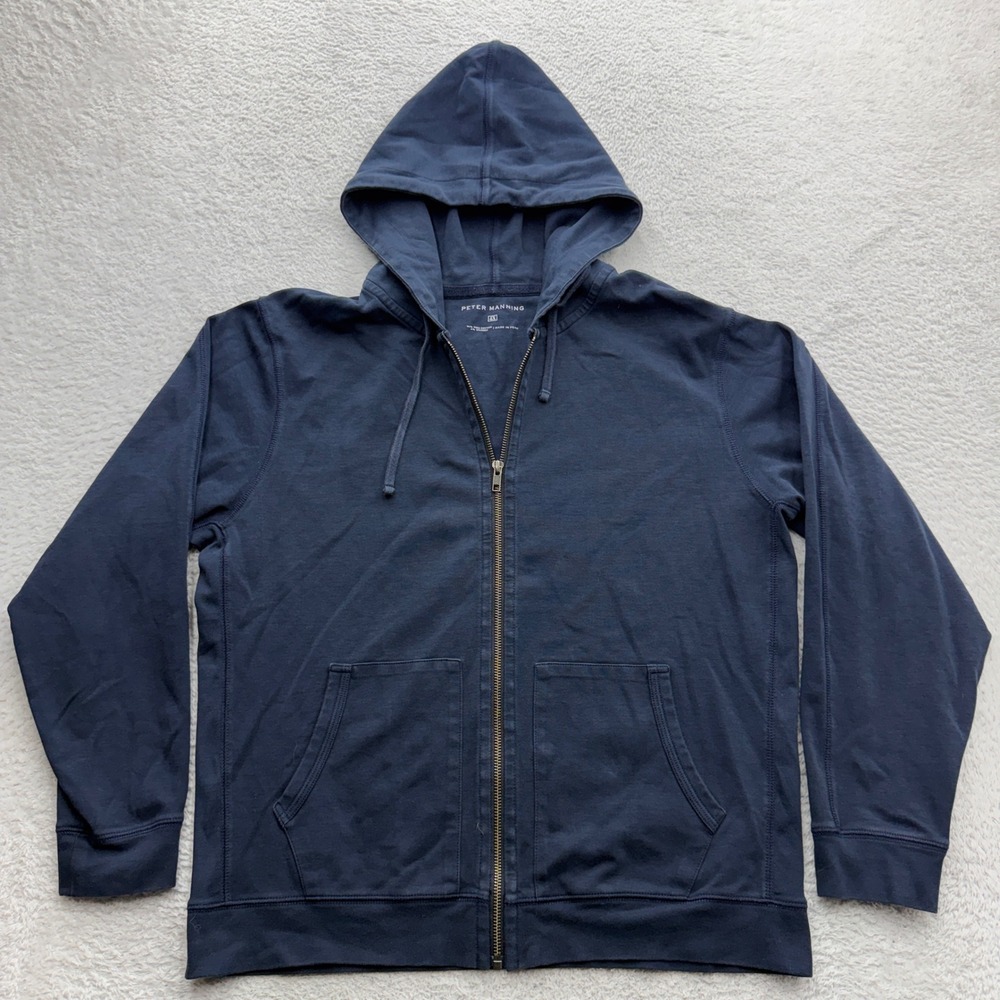Peter Manning Navy Blue Pima Cotton Full Zip Hoodie Mens Size 4 L Peru Stretch